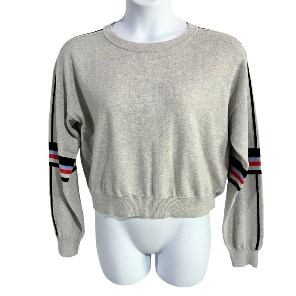 One Grey Day Gray Striped Long Sleeve Crewneck Pullover Sweatshirt Size L NWT - Picture 3 of 10